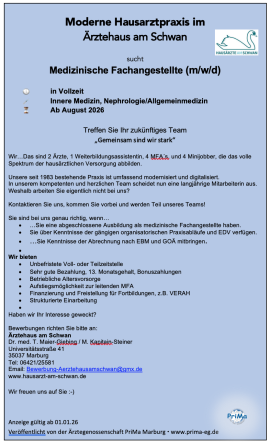 Allgemeinarztpraxis sucht MFA in Vollzeit Marburg/Hessen