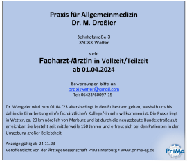 Allgemeinarztpraxis sucht Fachärztin/Facharzt Allgemeinmedizin in Marburg/Wetter/Hessen