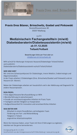 Diabetologische Schwerpunktpraxis Dr. med. Mathias Brinschwitz in Marburg sucht MfA