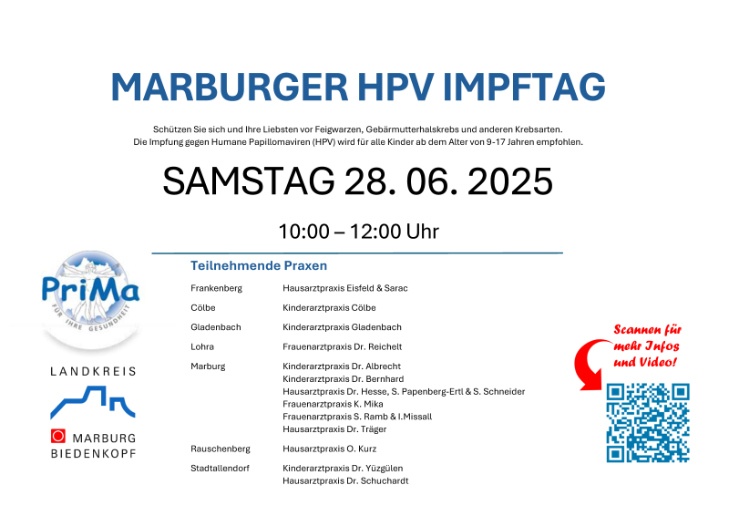 HPV Impftag 28.6.'25 in Marburg, Frankenberg, Gladenbach, Stadtallendorf, Rauschenberg_Hessen Ärztegenossenschaft