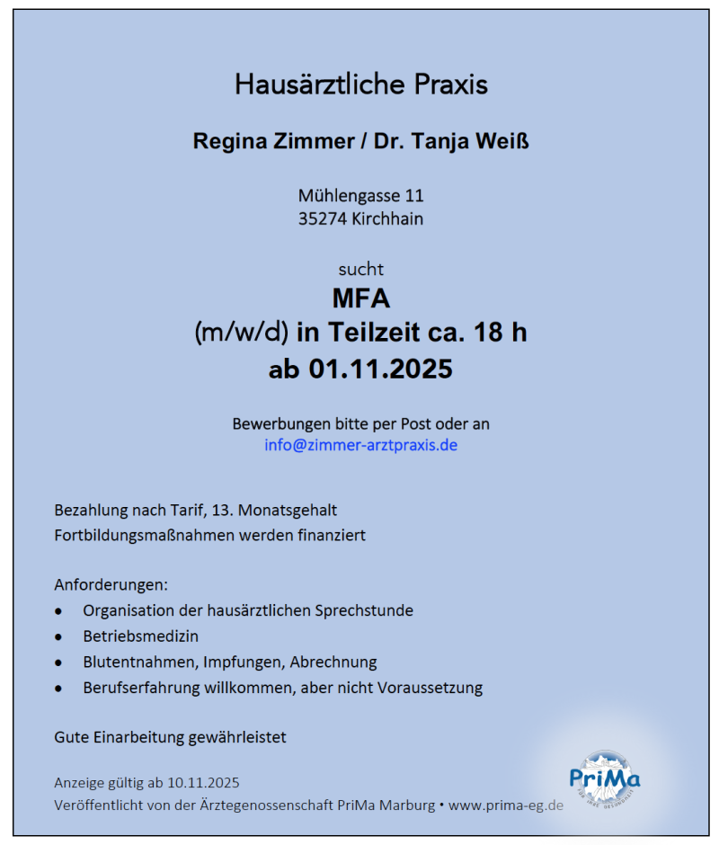 Allgemeinarztpraxis sucht MFA Kirchain/Hessen