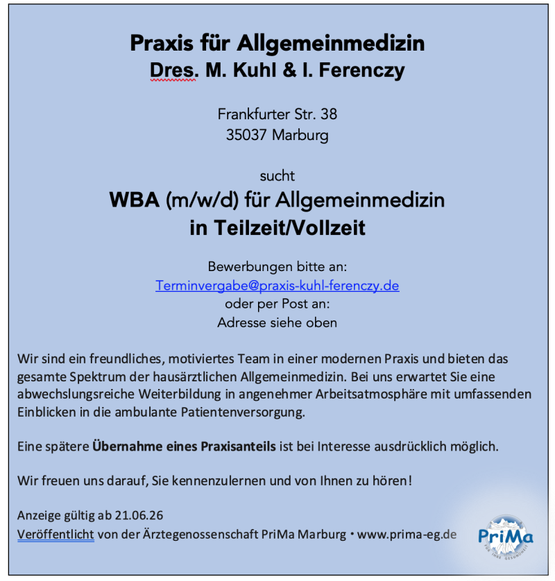 Allgemeinarztpraxis sucht WBA in Marburg/Hessen