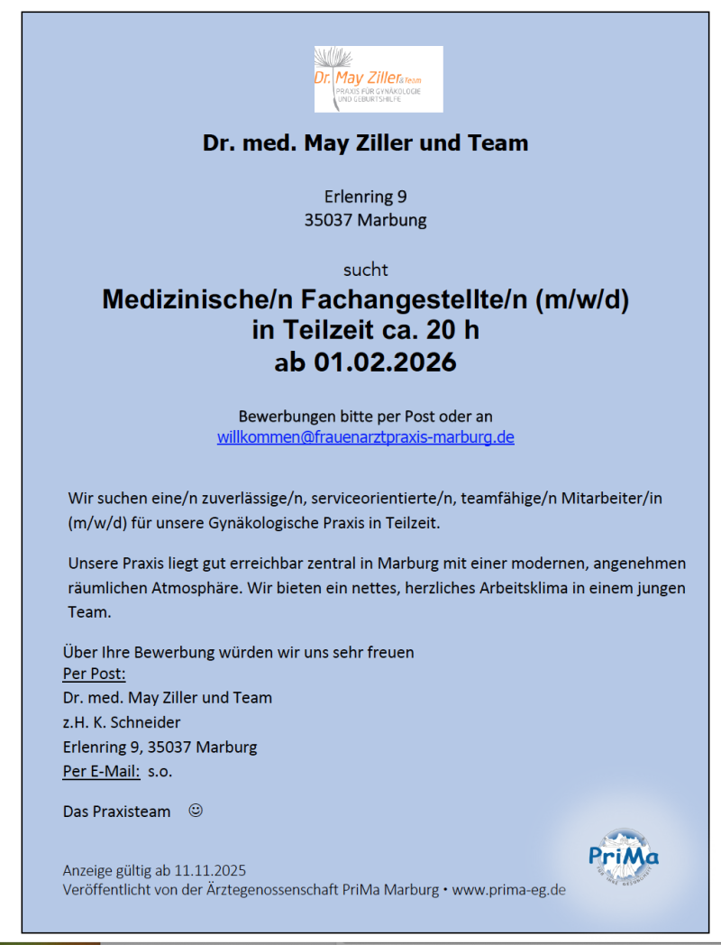 Gynäkologische Praxis sucht MFA Marburg/Hessen